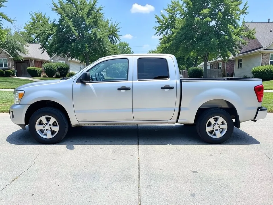 AI-drawn sample: a plain silver full-size four-door pickup with silver wheels and nothing under the doors, seen from the side in a driveway