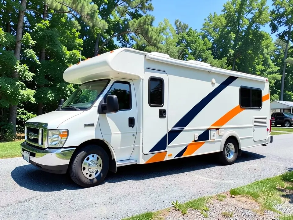AI-generated sample: a white motorhome with dark blue and orange side stripes