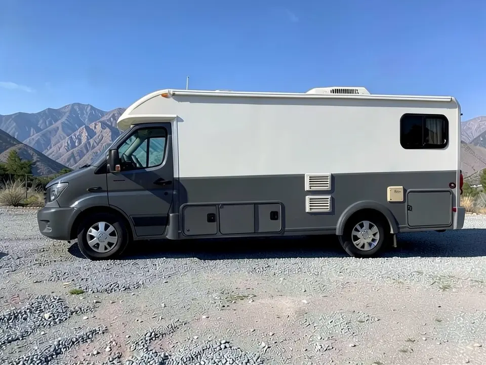 AI-drawn sample: the same motorhome with a charcoal gray lower half and a white upper half