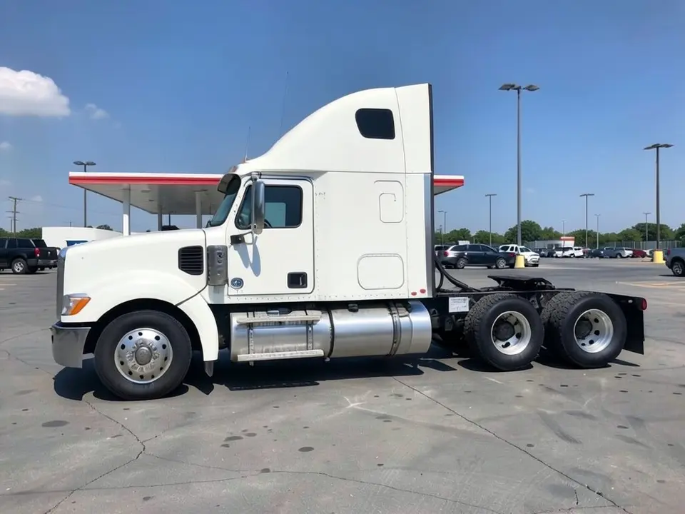 AI-drawn sample: a plain white sleeper cab semi tractor with no trailer, seen from the side in a truck stop parking lot