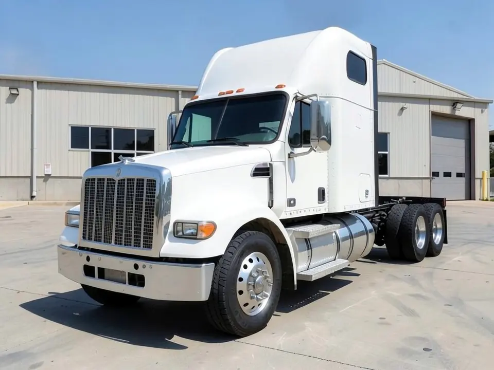 AI-drawn sample: a plain white semi tractor with no trailer in front of a warehouse, seen from a front corner