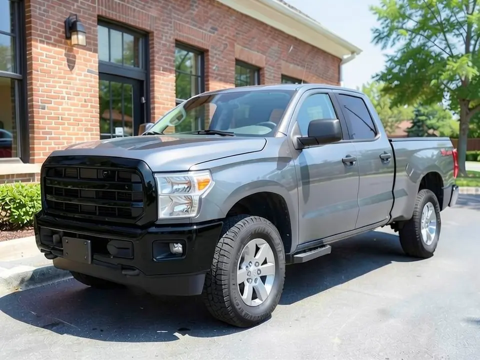 AI-drawn sample: the same gray pickup with a gloss black grille surround, grille and front bumper