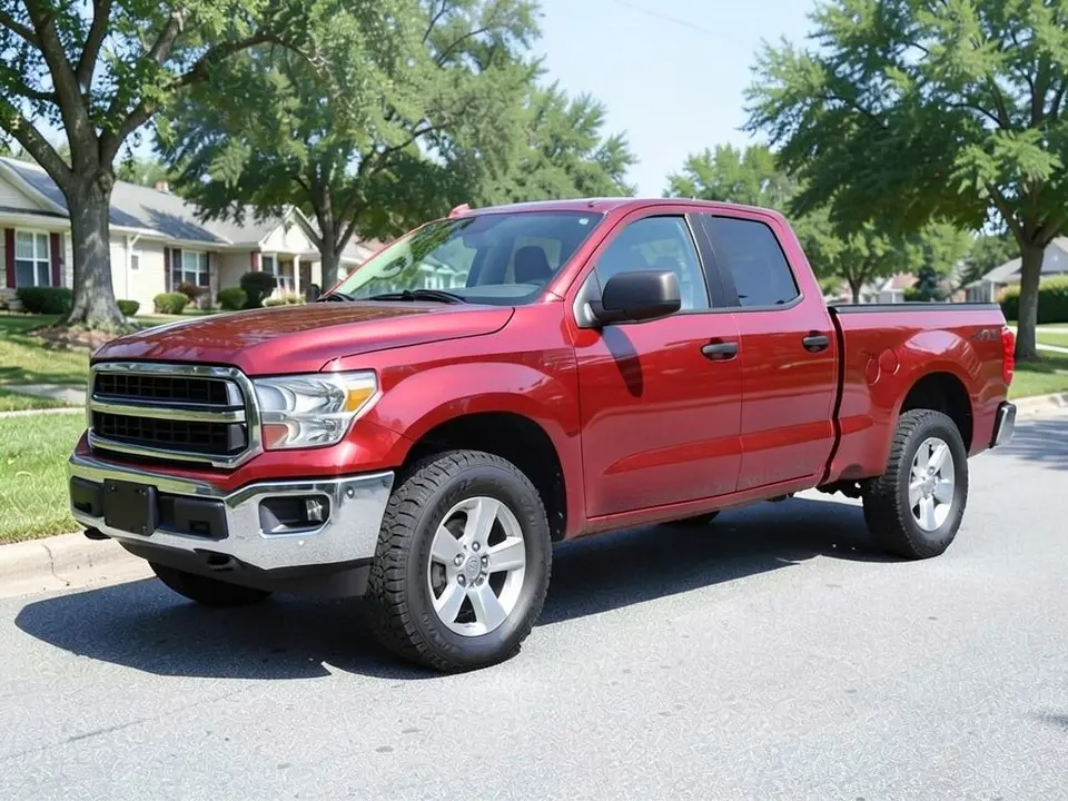 AI-drawn sample: a red generic full-size pickup stand-in, crew cab, on silver wheels with tall tires parked on a suburban street
