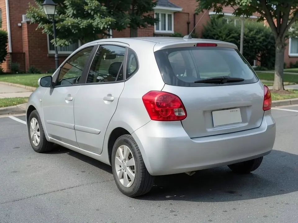AI-drawn sample: the rear three-quarter of a silver five-door hatchback with red tail lights parked on a quiet street