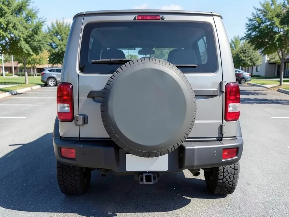 AI-drawn sample: the rear of a plain gray boxy off-road SUV with a plain gray spare tire cover on the tailgate