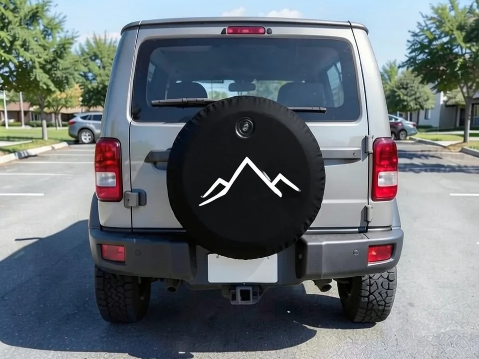 AI-drawn sample: the same SUV with a black printed spare tire cover with a white mountain outline and a camera hole