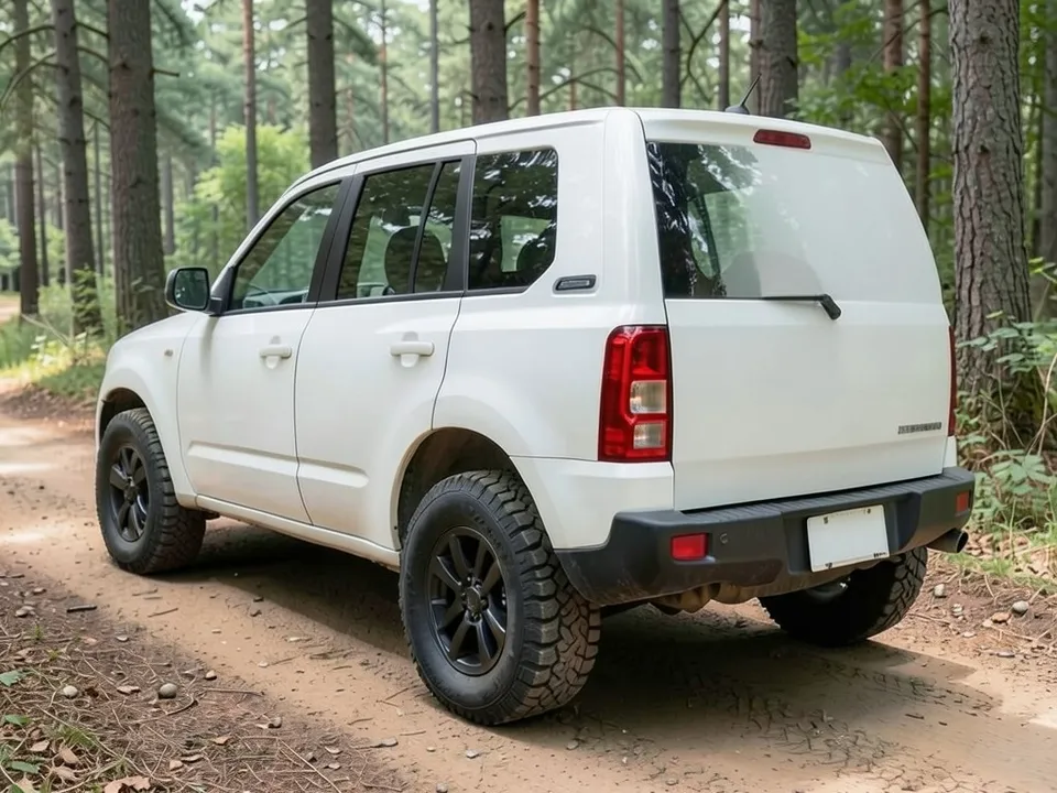 AI-drawn sample: the rear three-quarter of a plain white boxy four-door off-road SUV on a forest road, with no spare tire on the rear door