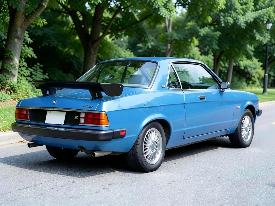 AI-drawn sample: the same blue coupe with a tall black GT wing on top of the trunk lid