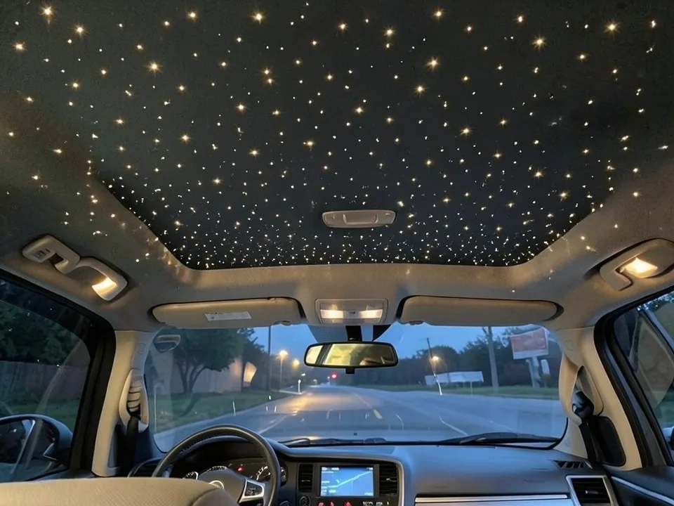 AI-drawn sample: the same pickup cab with a black roof lining scattered with warm white stars