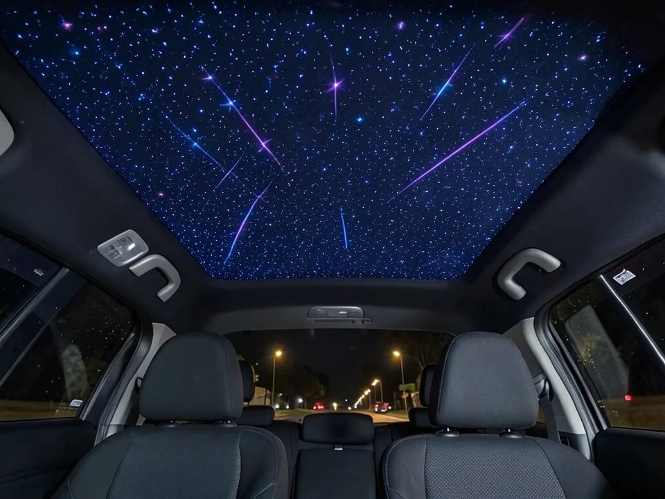 AI-drawn sample: the same sedan roof lining with blue and purple stars and several shooting star streaks