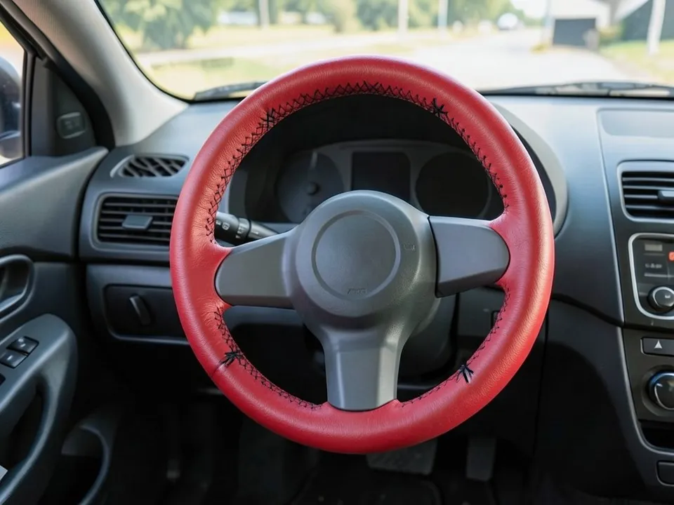 AI-drawn sample: the same steering wheel with its rim wrapped in red leather