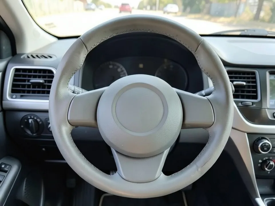AI-drawn sample: a worn light gray three-spoke steering wheel and dashboard seen from the driver seat