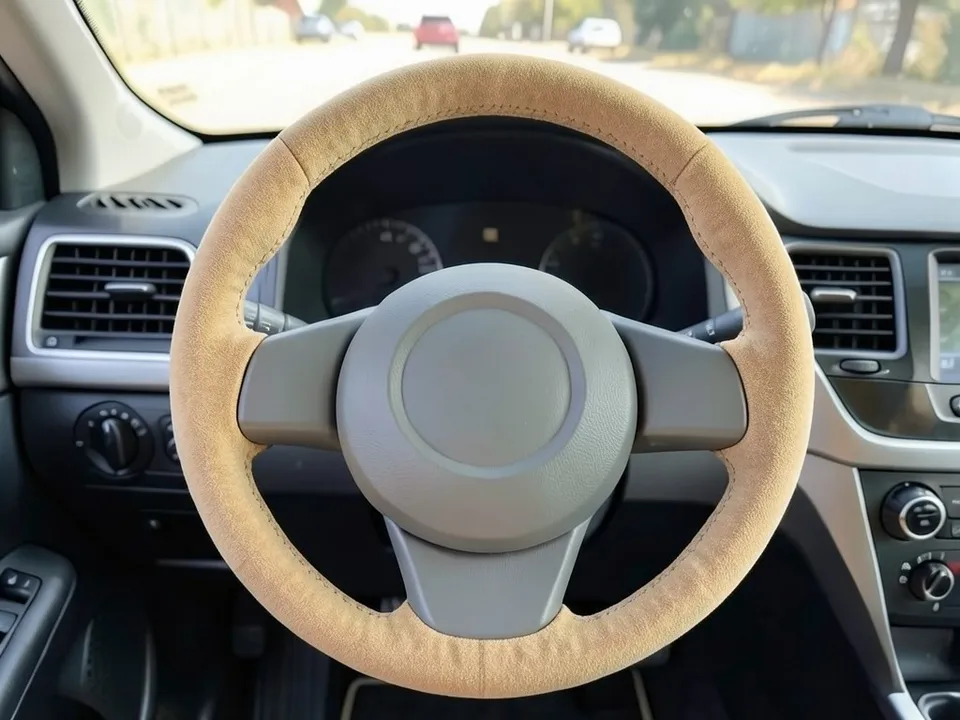 AI-drawn sample: the same steering wheel with its rim wrapped in tan suede-like microfiber