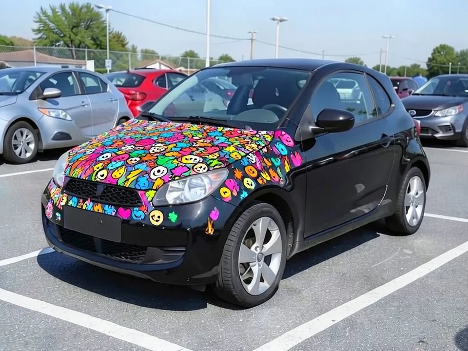 AI-drawn sample: the same hatchback with a sticker bomb on the hood only