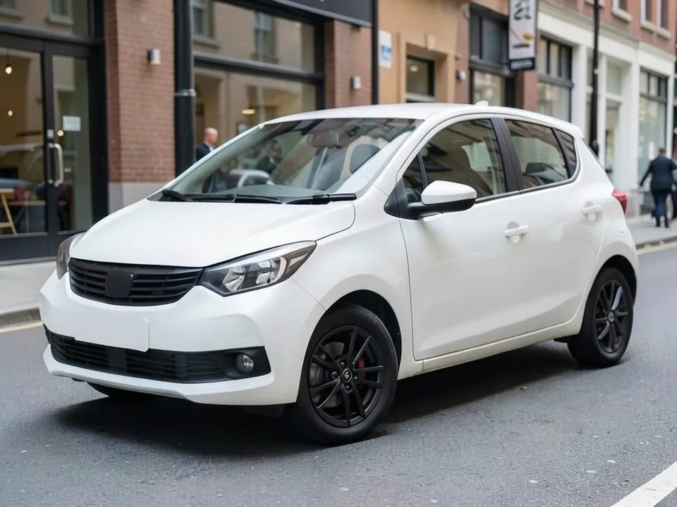 AI-drawn sample: a plain white compact hatchback with black wheels on a city street