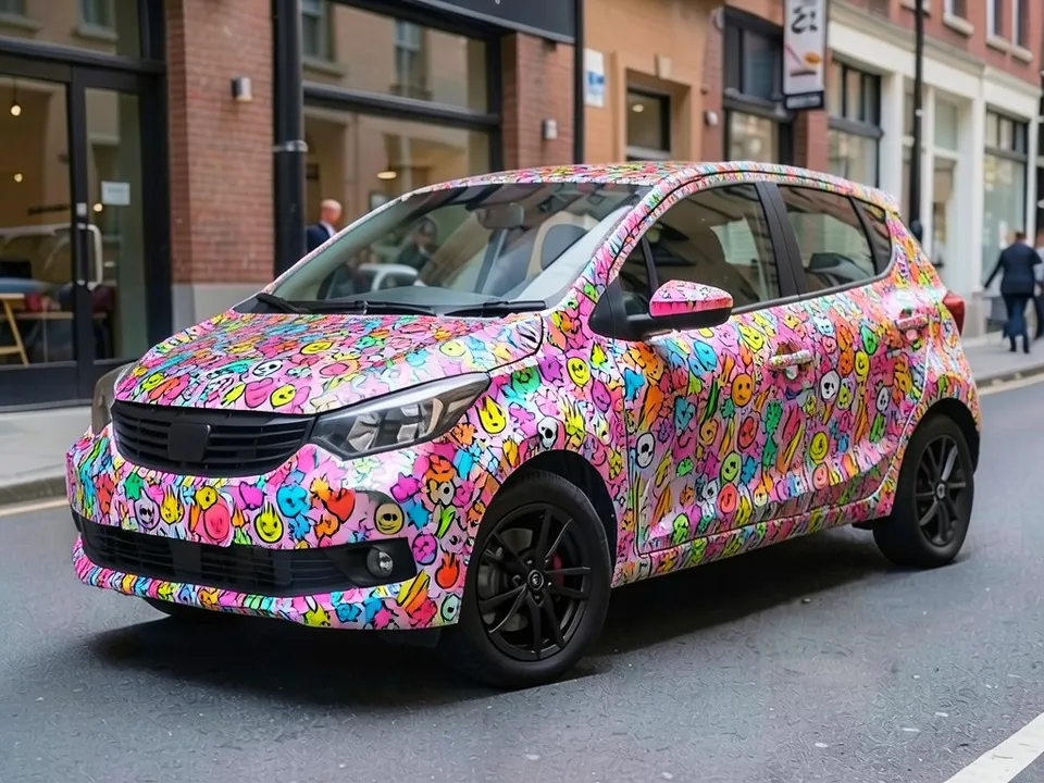 AI-drawn sample: the same hatchback covered in a colorful sticker bomb wrap