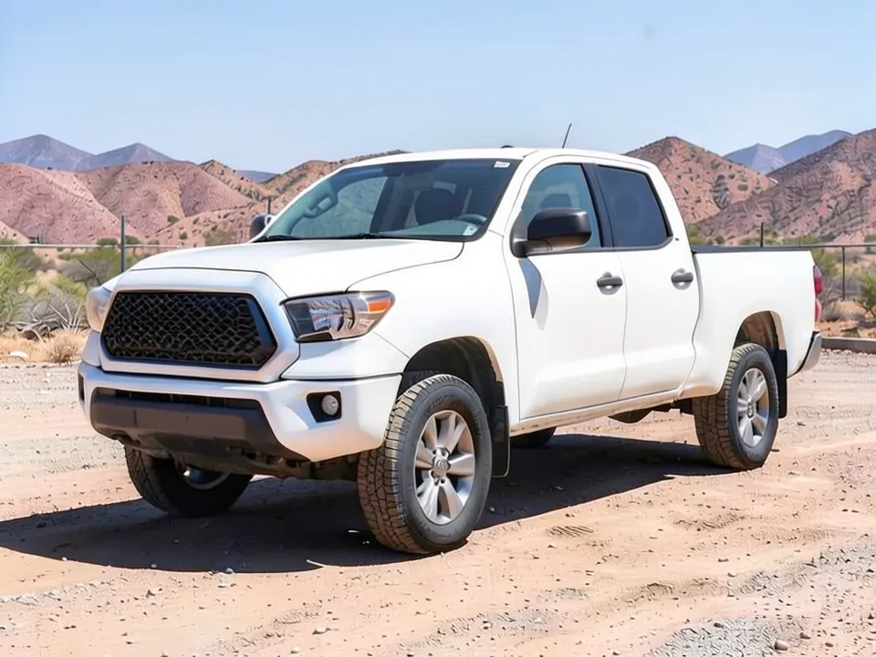 AI-drawn sample: a white Tacoma-style crew cab pickup on gray wheels parked on a dirt lot with desert hills behind