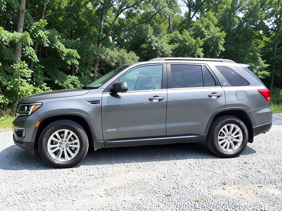 AI-drawn sample: a gray generic full-size SUV stand-in, side-on, on silver wheels with standard road tires parked on a gravel lot beside trees