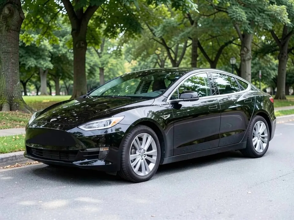 AI-generated sample: a black Tesla-style electric sedan with chrome window trim parked on a tree-lined street