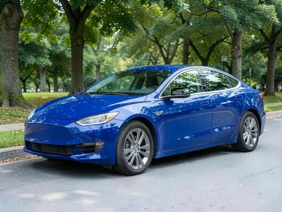 AI-generated sample: the same sedan in a gloss deep blue wrap with black mirror caps, the chrome window trim still chrome