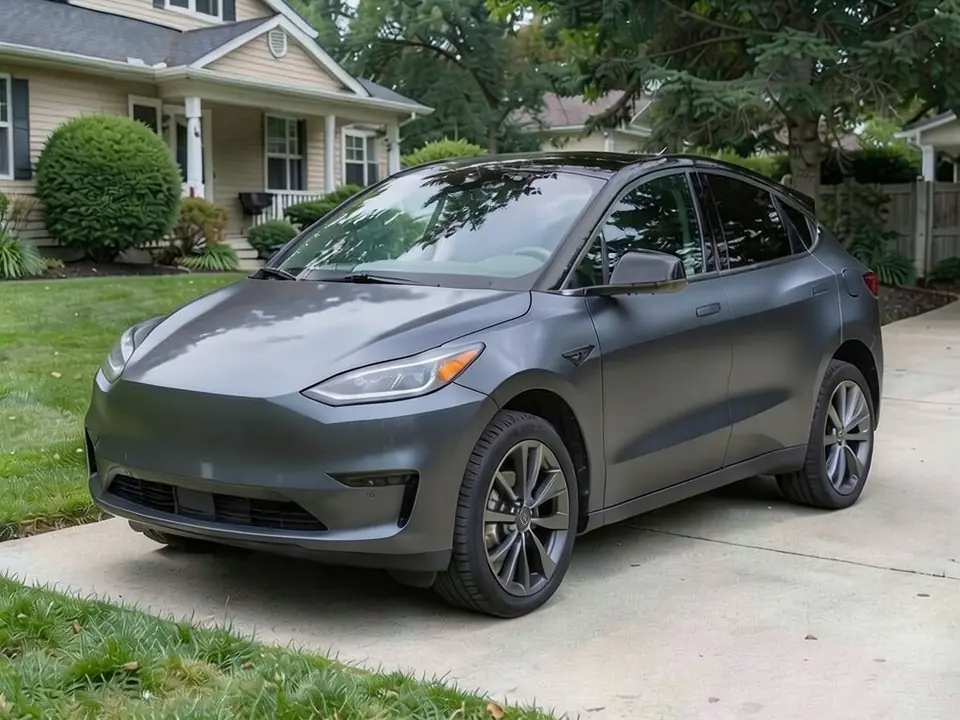 AI-generated sample: the same crossover covered in a satin dark grey wrap, with the black roof, windows and wheels unchanged