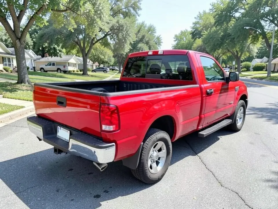AI-drawn sample: a red regular cab pickup truck with an open empty bed, seen from a rear corner on a suburban street