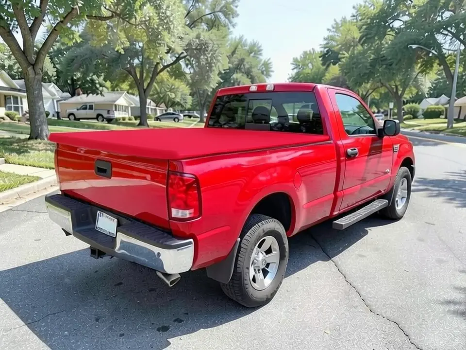 AI-drawn sample: the same pickup with a one-piece hard tonneau cover painted red over the bed