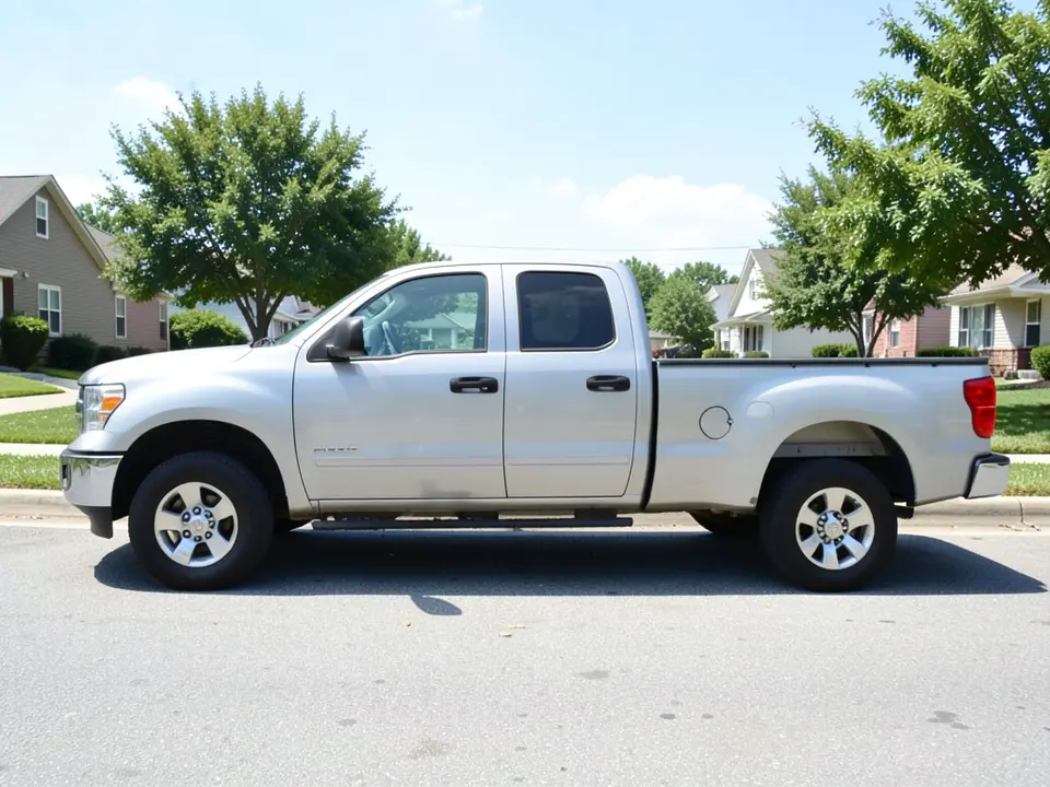 AI-drawn sample: a silver crew cab pickup truck with an open empty bed, seen straight from the side on a suburban street