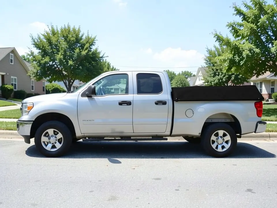 AI-drawn sample: the same pickup with a black soft tonneau cover lying flat on the bed rails