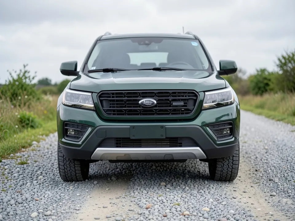 AI-generated sample: dark green SUV from the front with a stock body-colour bumper on a gravel road