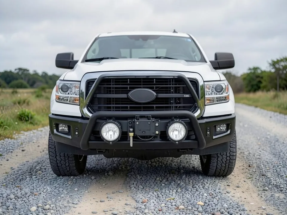 AI-generated sample: the same pickup with a black steel bumper with a winch and two round lights