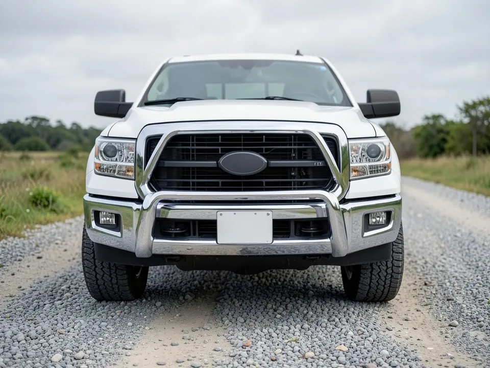 AI-generated sample: white full-size pickup truck from the front with a stock chrome bumper on a gravel road