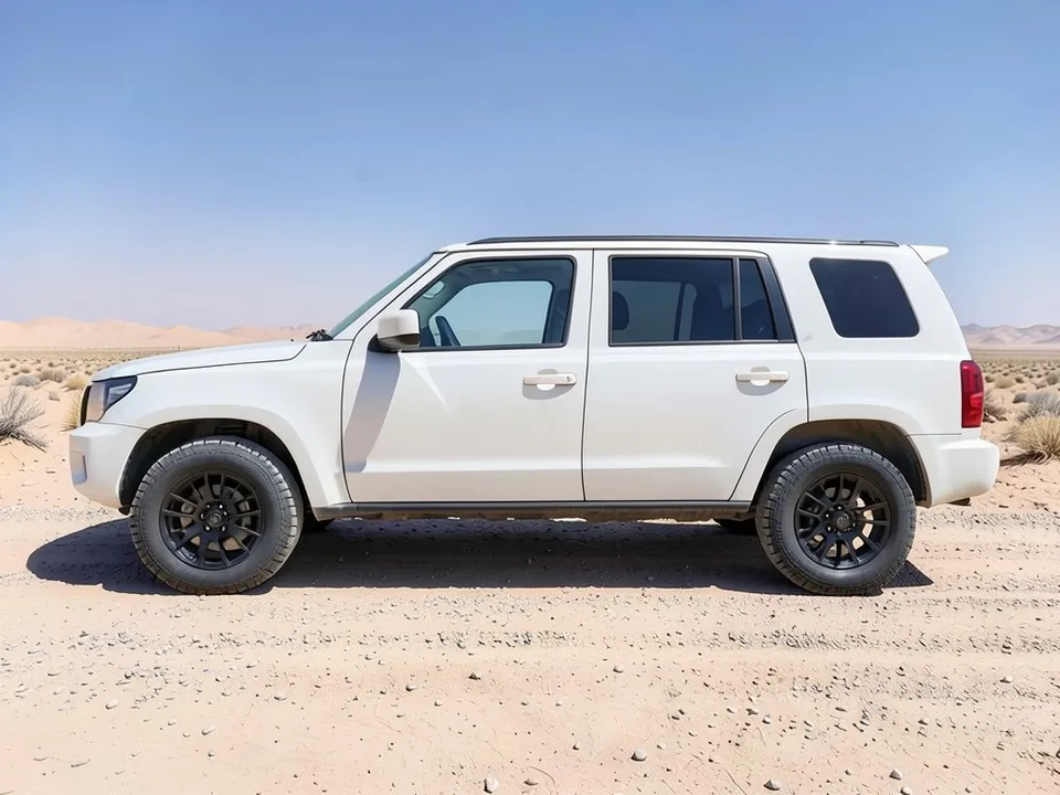 AI-drawn sample: a plain white boxy off-road SUV with black steel wheels, seen from the side on a desert track