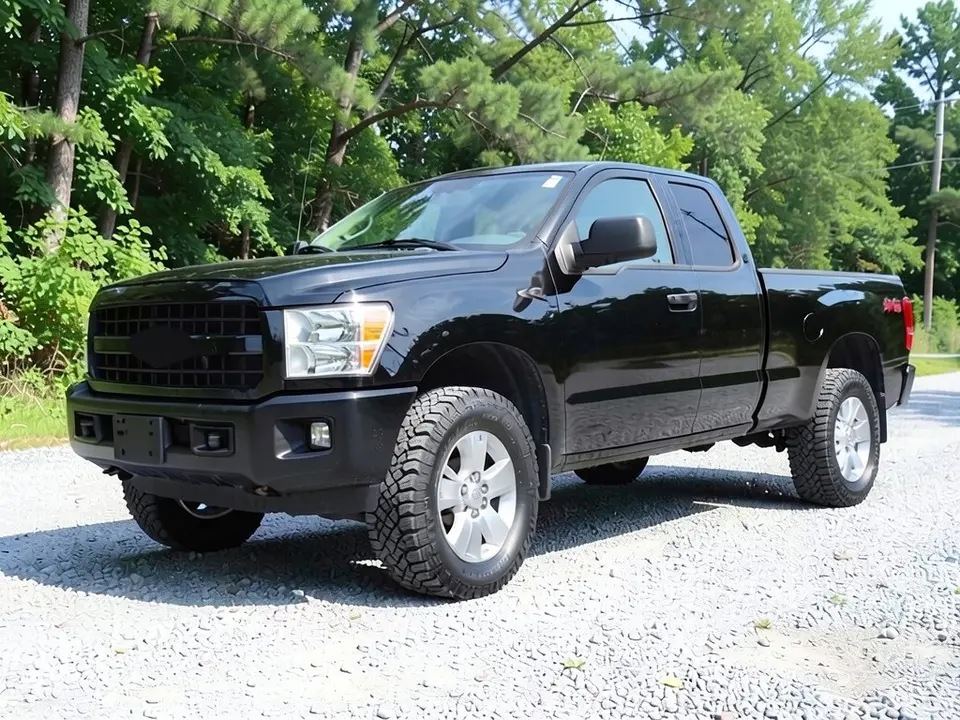 AI-drawn sample: a black generic full-size pickup stand-in, on silver wheels parked on a gravel lot beside trees
