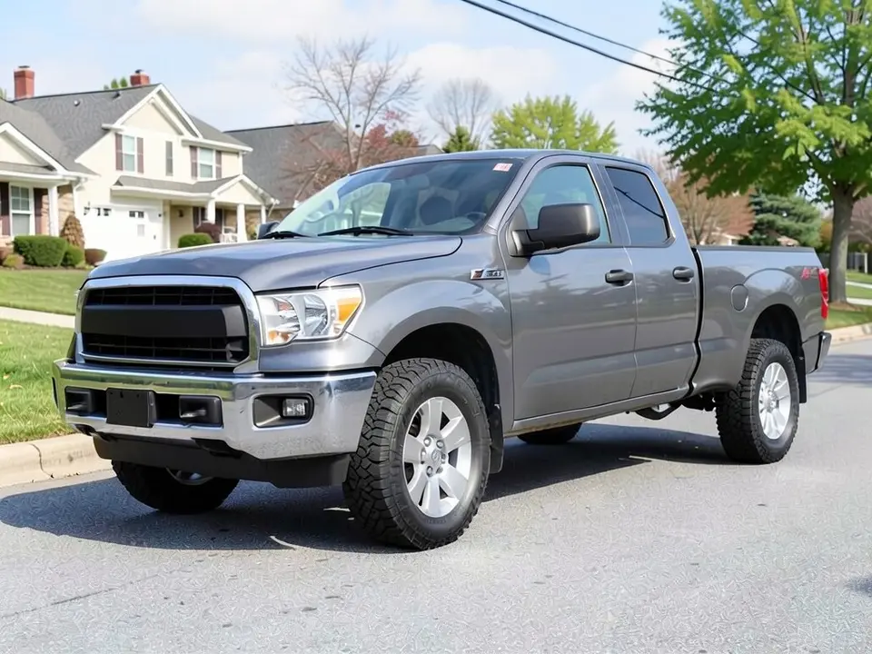 AI-drawn sample: a gray generic full-size pickup stand-in, on silver wheels with chunky tires parked on a suburban street with houses behind