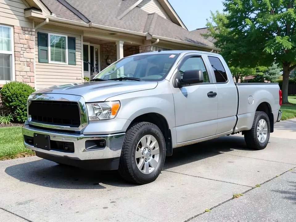 AI-drawn sample: a silver generic full-size pickup stand-in, on silver wheels with standard road tires parked in a driveway in front of a house