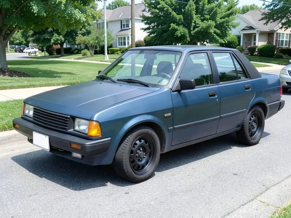 AI-drawn sample: a plain dark blue 1980s four-door sedan with black steel wheels on a suburban street