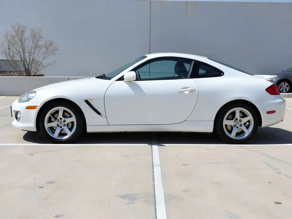 AI-drawn sample: a plain white two-door sports coupe with five-spoke silver wheels against a gray wall