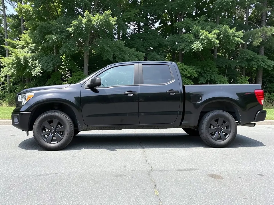 AI-drawn sample: a plain black crew-cab pickup truck parked on a paved lot with trees behind, seen from the side