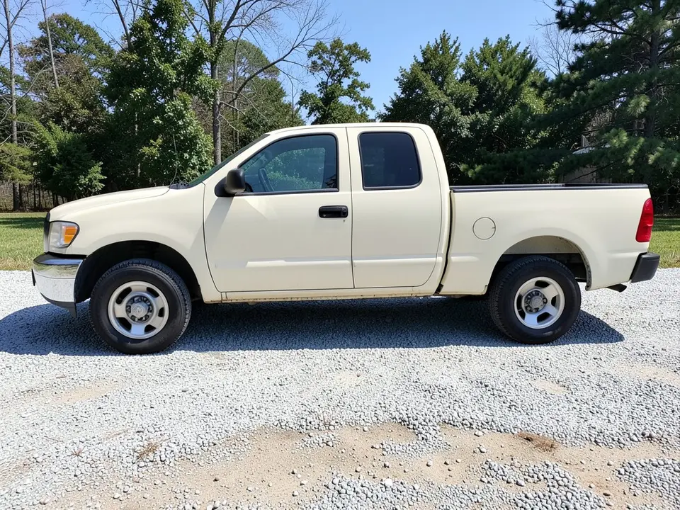 AI-drawn sample: a plain cream pickup truck parked on a gravel driveway, seen from the side