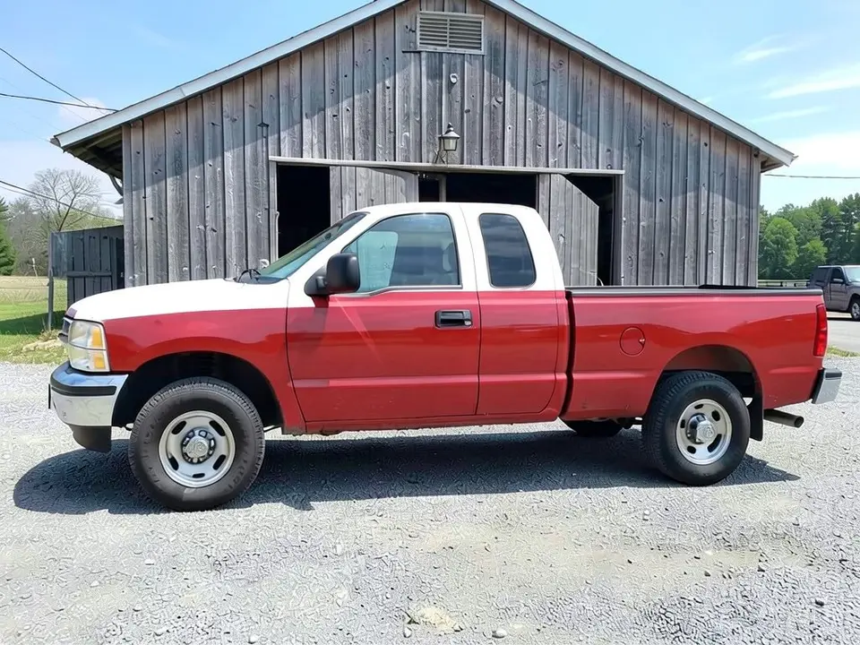 AI-drawn sample: the same pickup with a white roof and upper cab and a red body