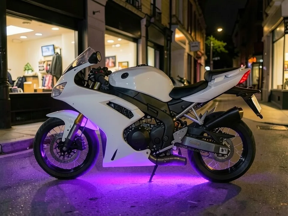 AI-drawn sample: the same motorcycle with purple underglow lighting the street beneath it
