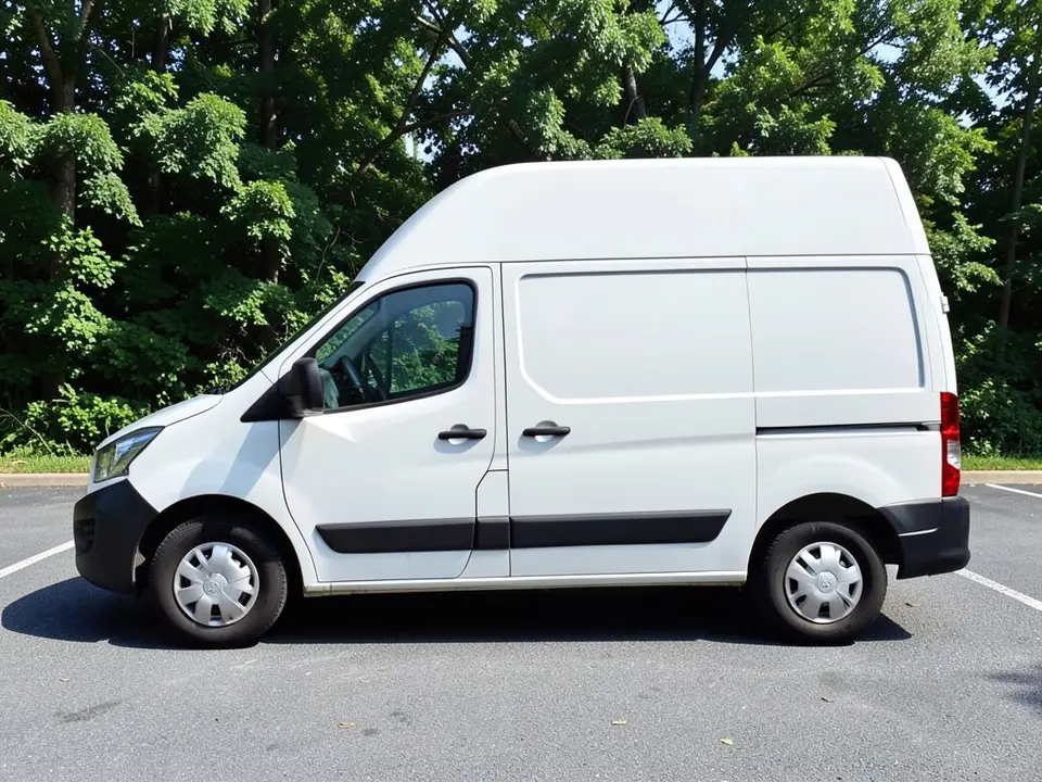 AI-drawn sample: a plain white generic high-roof delivery van, side-on, parked in a parking lot in front of trees