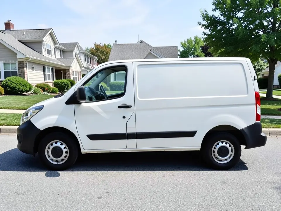 AI-drawn sample: a plain white generic cargo van, side-on, parked on a suburban street with houses behind