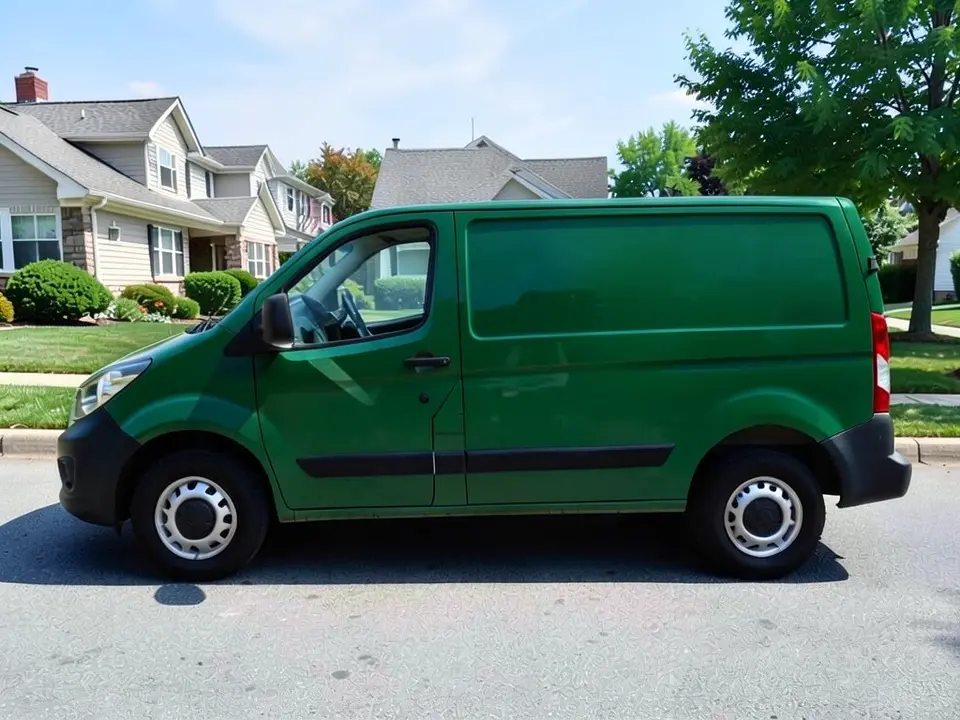 AI-drawn sample: the same van in a dark green gloss wrap look