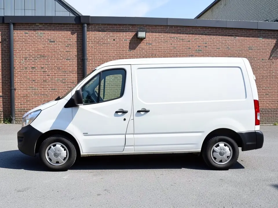 AI-drawn sample: a plain white generic cargo van, side-on, parked in front of a brick warehouse