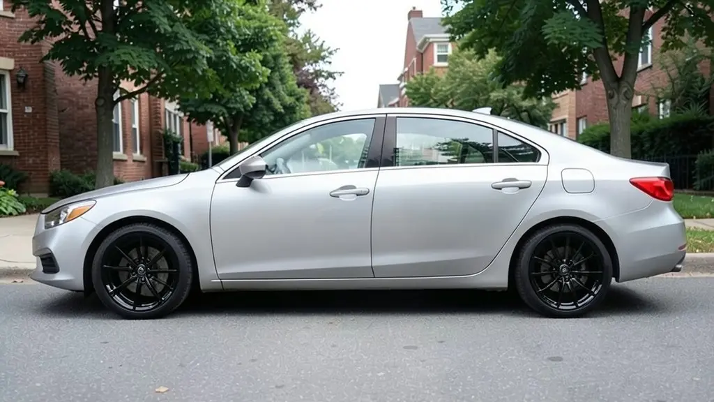AI-generated sample: the same sedan with gloss black 5-spoke rims