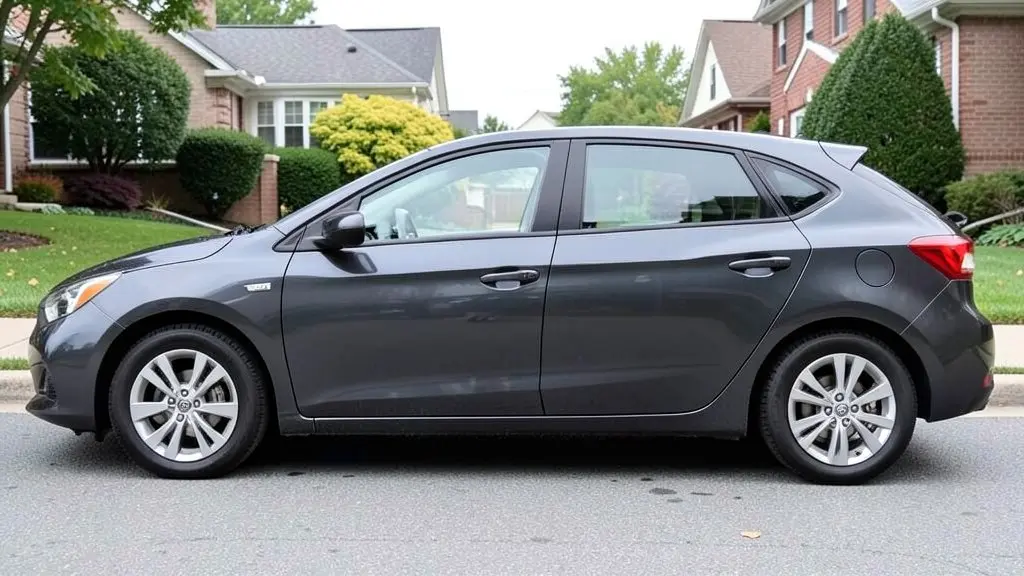 AI-generated sample: dark grey hatchback with stock silver wheels, side profile