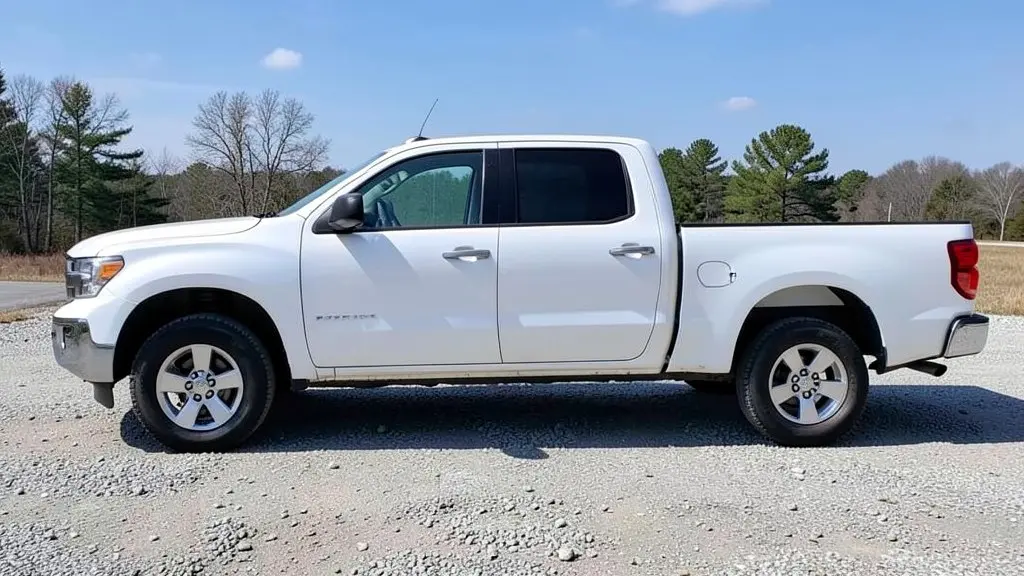AI-generated sample: white pickup truck with stock silver wheels, side profile