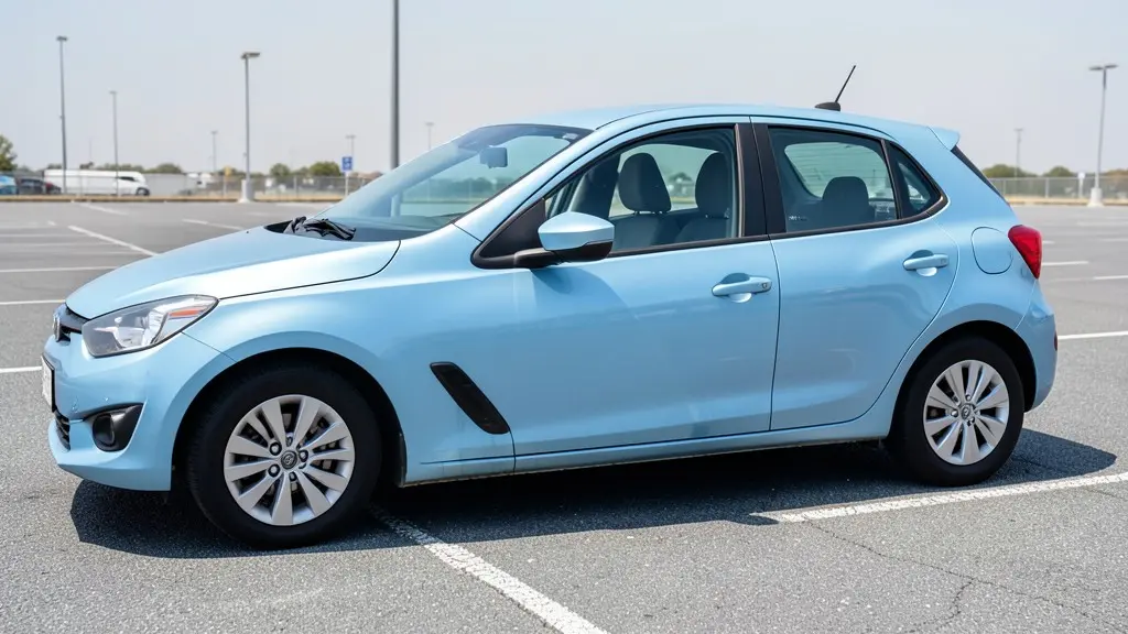 AI-generated sample: light blue hatchback in a parking lot, side view, clear windows